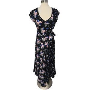 White Closet Black Floral Print Ruffled Lace Up Back Maxi Dress Women's Medium